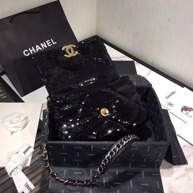 Chanel女包 香奈兒2020春夏季走秀款 19Bag Chanel百搭款黑色亮片女包  djc3843